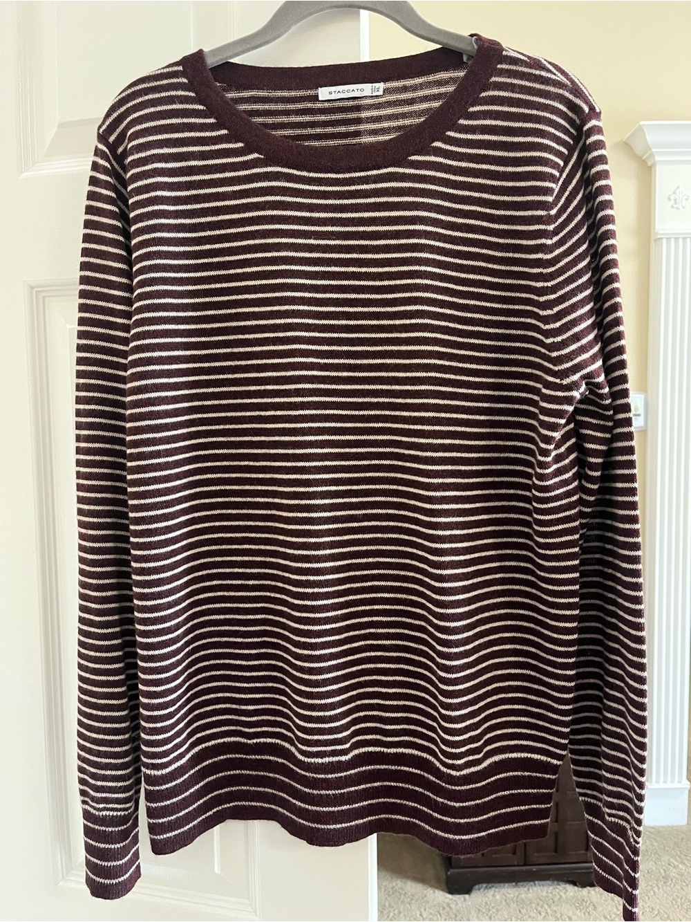 Staccato Maroon and Cream Striped Crewneck Sweater